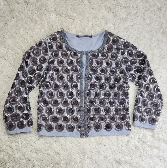 BODEN Limited Edition Beaded Cotton Cardigan Silk lined Gray Blue Silver Size 4 - Picture 3 of 11